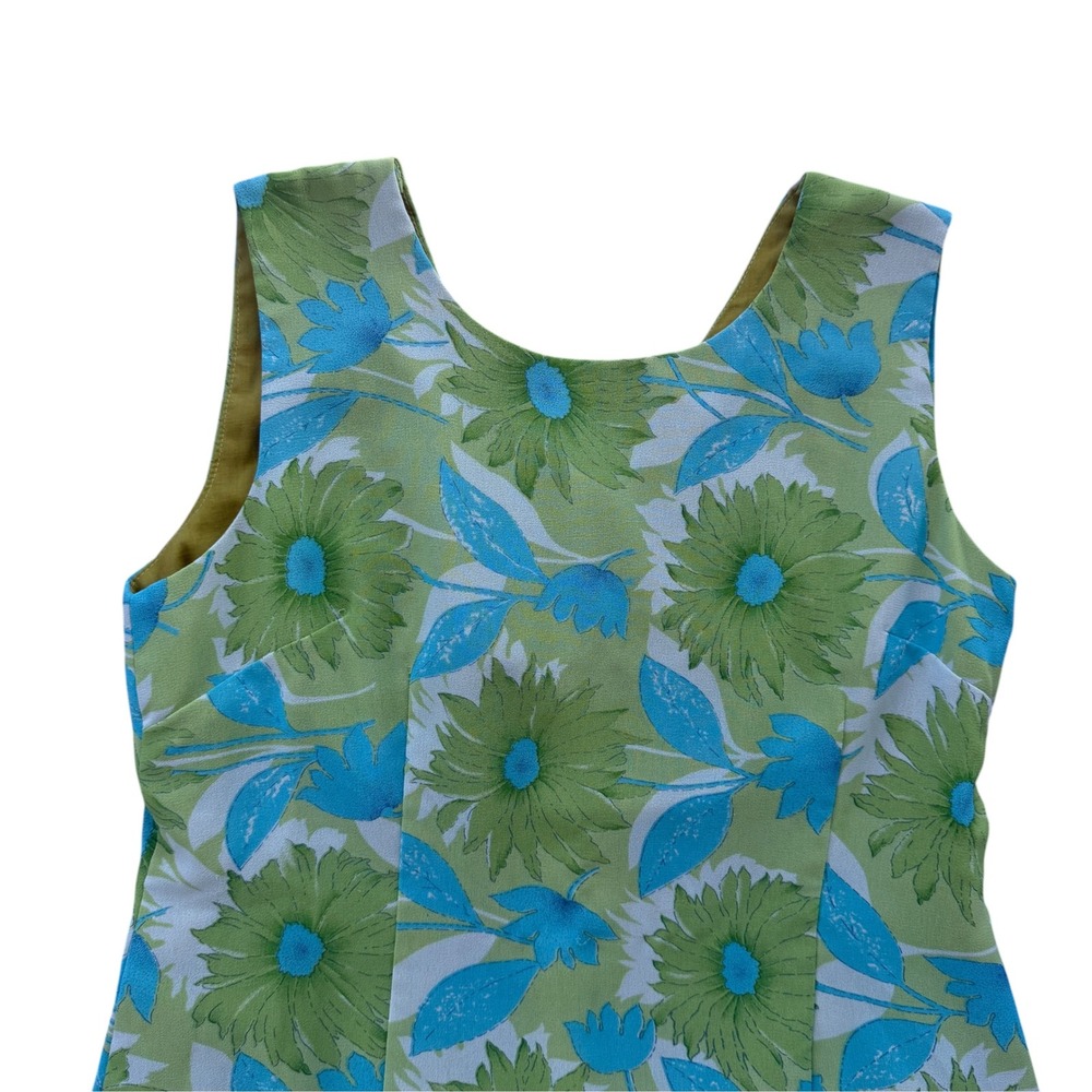 Vintage 1960s Floral Maxi Dress Mod Flower Power Sleeveless Sheath Green Blue - Picture 3 of 9
